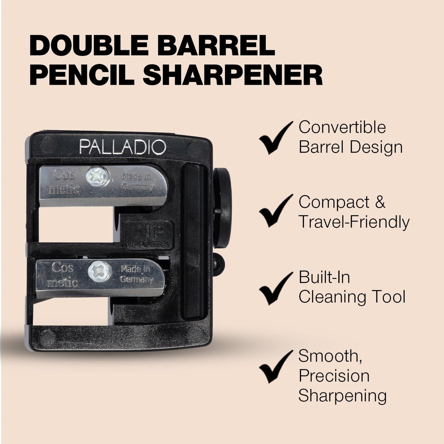 Palladio Double Barrel 3 in 1 Cosmetic Pencil Sharpener with Cover, Stainless Steel Blade, Size Adjuster, Essential for Small and Extra Large Lip Beauty and Personal Care Palladio