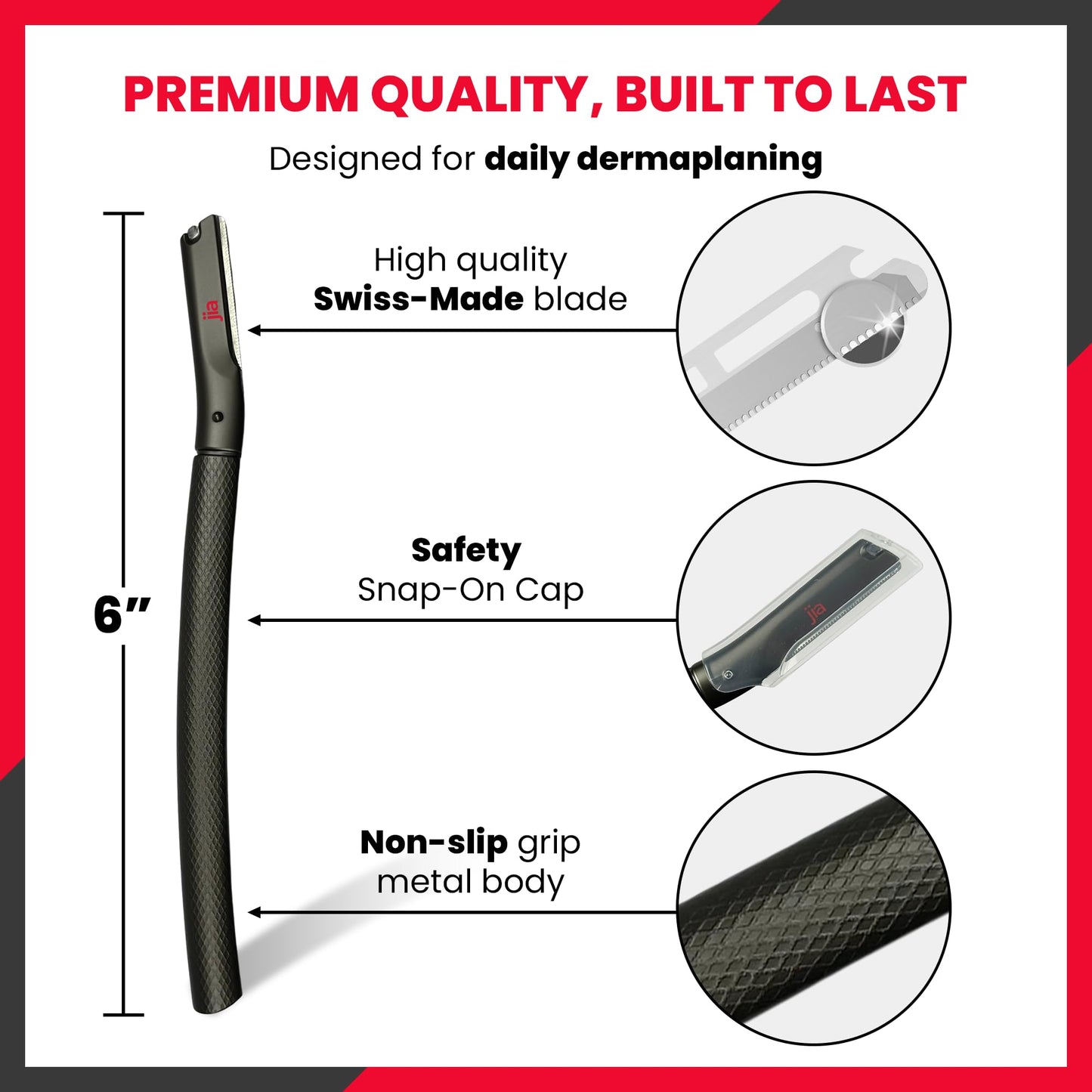 Jia Dermaplane Facial Metal Razor in Black Sapphire with 20 Swiss-Made Replacement Blades - Eyebrow Trimmer & Face Shaver for Women and Men, Peach Beauty and Personal Care jia Personal Care