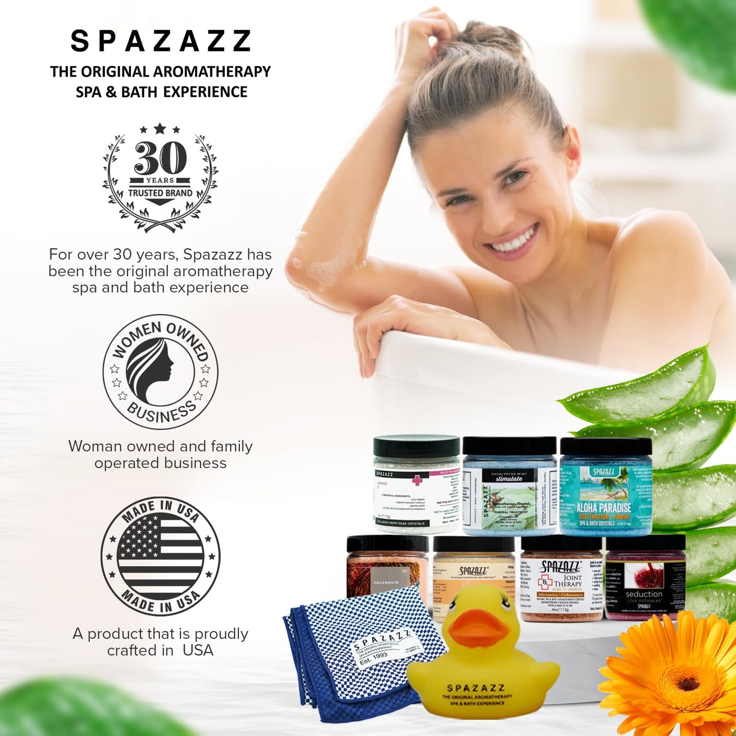 Spazazz Hot Tub Aromatherapy Gift Bundle- Seven- 4 Oz Spazazz Hot Tub Aromatherapy Bath Salt Crystals Sampler Jars Plus Hot/Cold Towel and Rubber Duck Beauty and Personal Care Spazazz