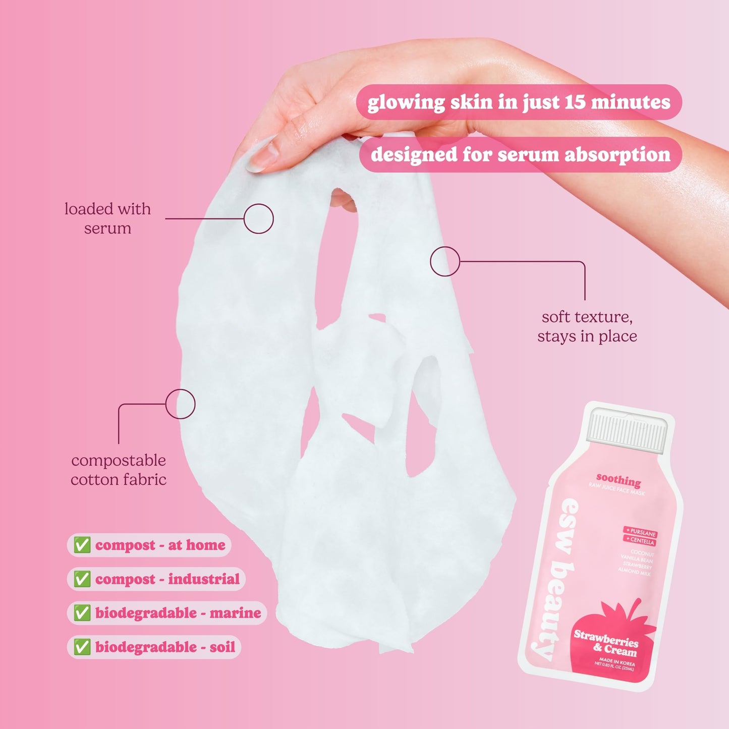 ESW Beauty Strawberries & Cream Soothing Korean Face Mask - Vitamin C, Centella & Vitamin E for Sensitive Skin, Hydration & Barrier Support - Skincare Beauty & Personal Care ESW Beauty