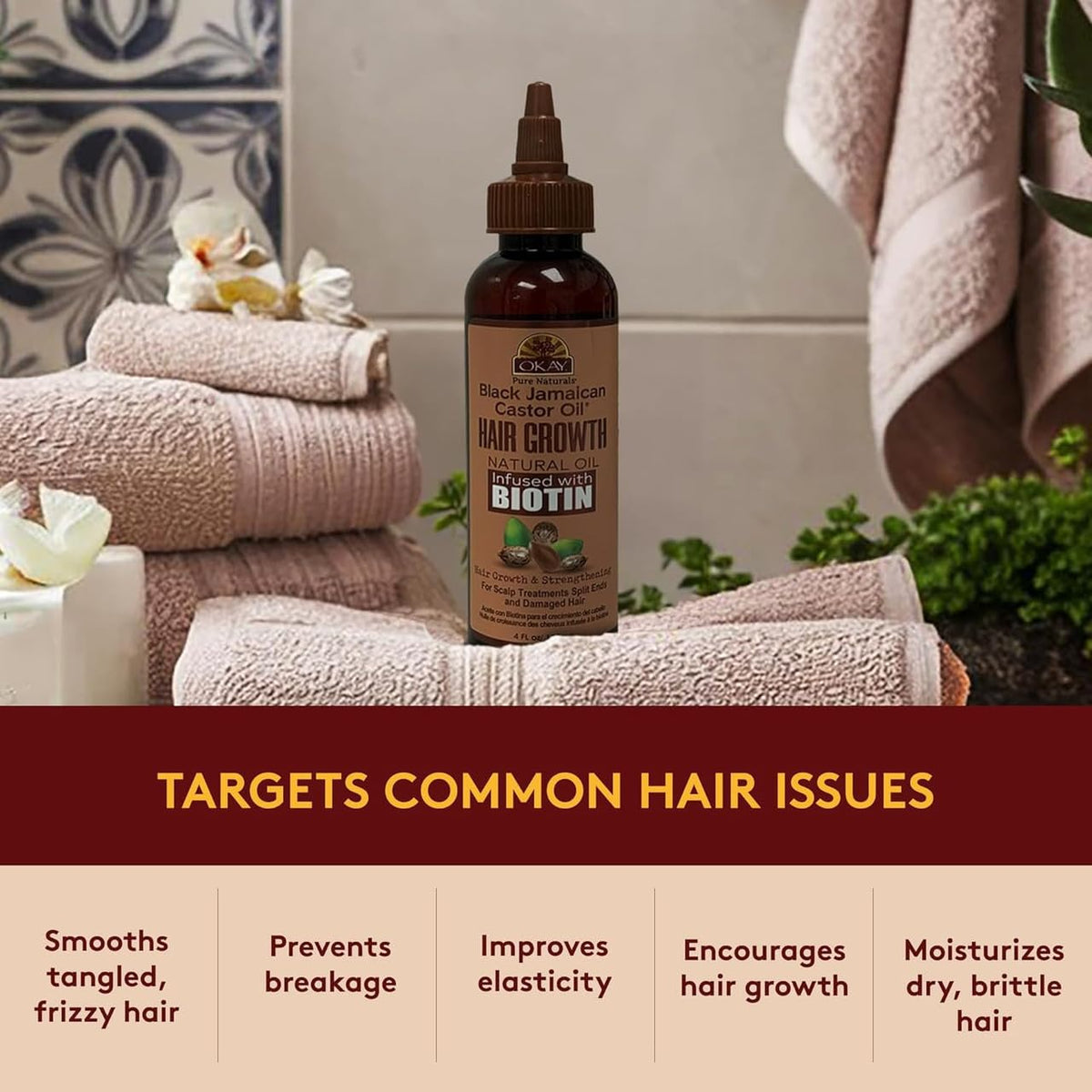 OKAY Black Jamaican Castor Oil with Biotin, Moisturizing Hair and Scalp Oil for Softness and Shine, 4 oz
