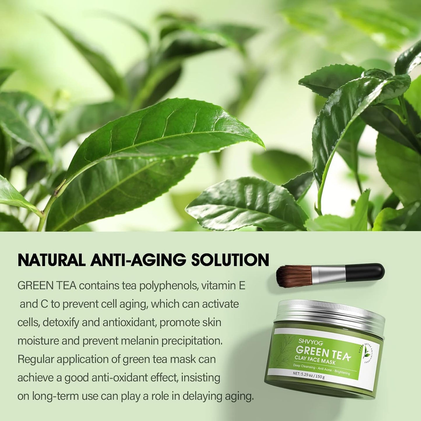 SHVYOG Green Tea Face Mask, Antioxidant Green Tea Clay Mask with Volcanic Mud, Deep Cleansing & Moisturizing & Hydrating Clay Facial Mask for Pores Beauty and Personal Care SHVYOG