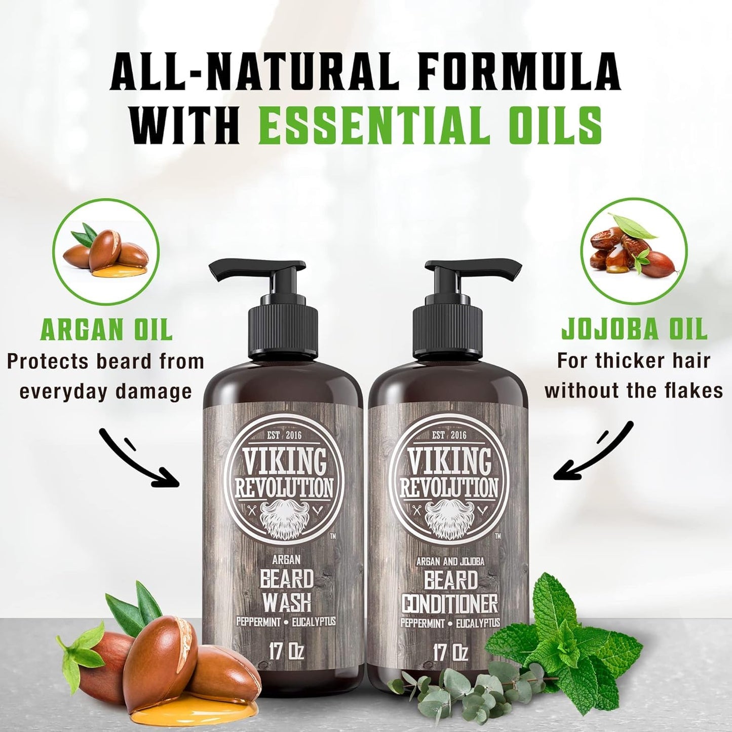Viking Revolution Beard Wash & Conditioner Set w/Argan & Jojoba Oils - Softens, Smooths & Strengthens Beard Growth - Natural Peppermint and Eucalyptus Beauty & Personal Care Viking Revolution
