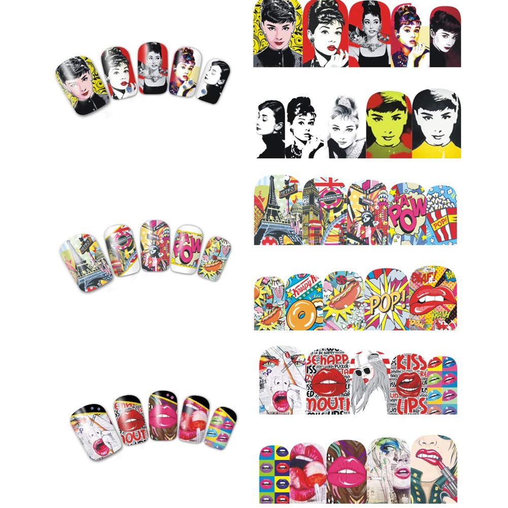 Towenm 12 Sheets Nail Art Stickers Water Transfer Nail Decals for Nail Art, Trendy Marvel Nail Wraps, Sexy Lip Pop Star Nail Decals, Manicure Nail Beauty & Personal Care Towenm