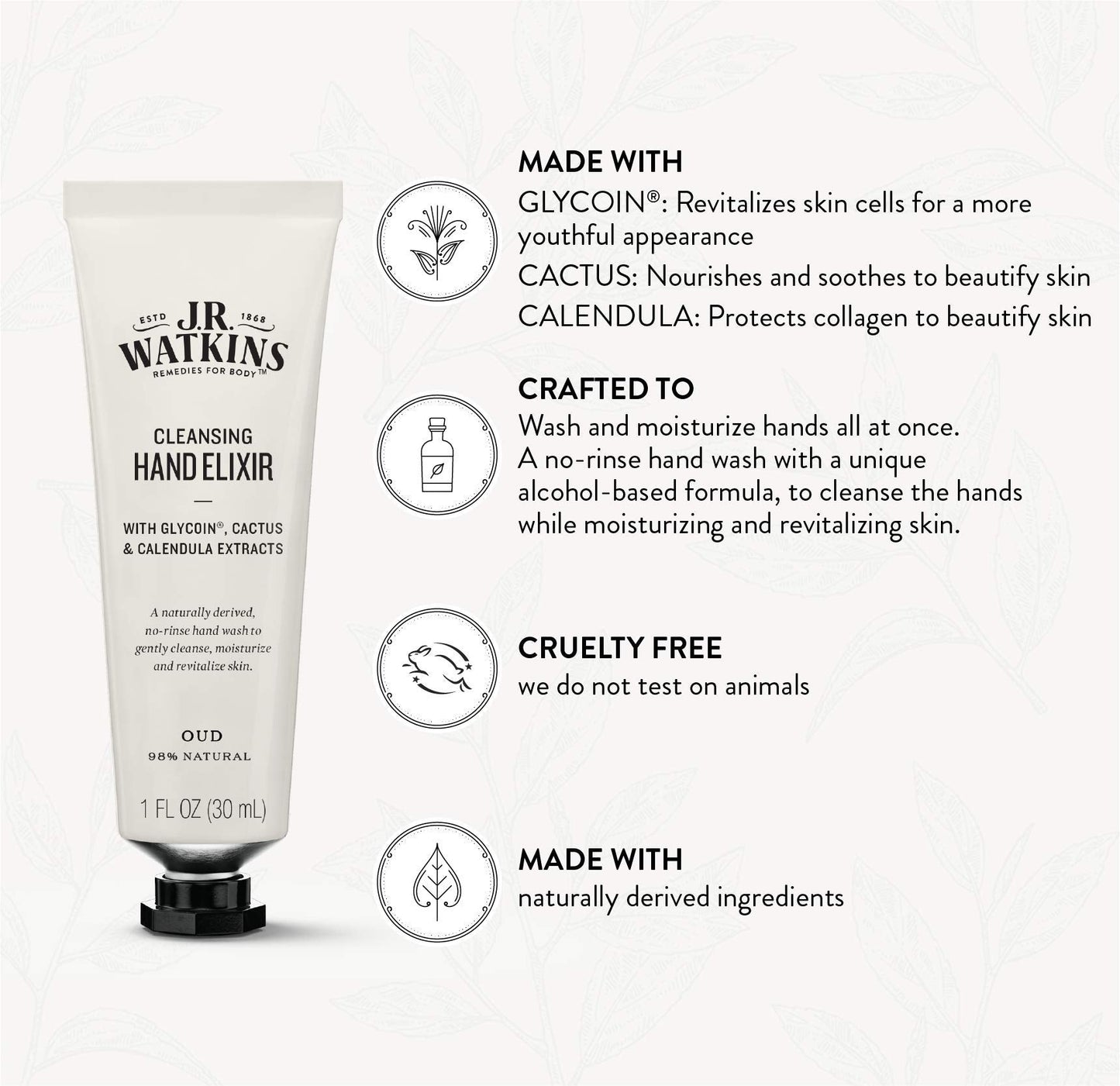 J.R. Watkins Oud Hand Elixir, No Rinse Waterless Cleansing Hand Wash, Convenient 1 oz Beauty & Personal Care J.R. Watkins