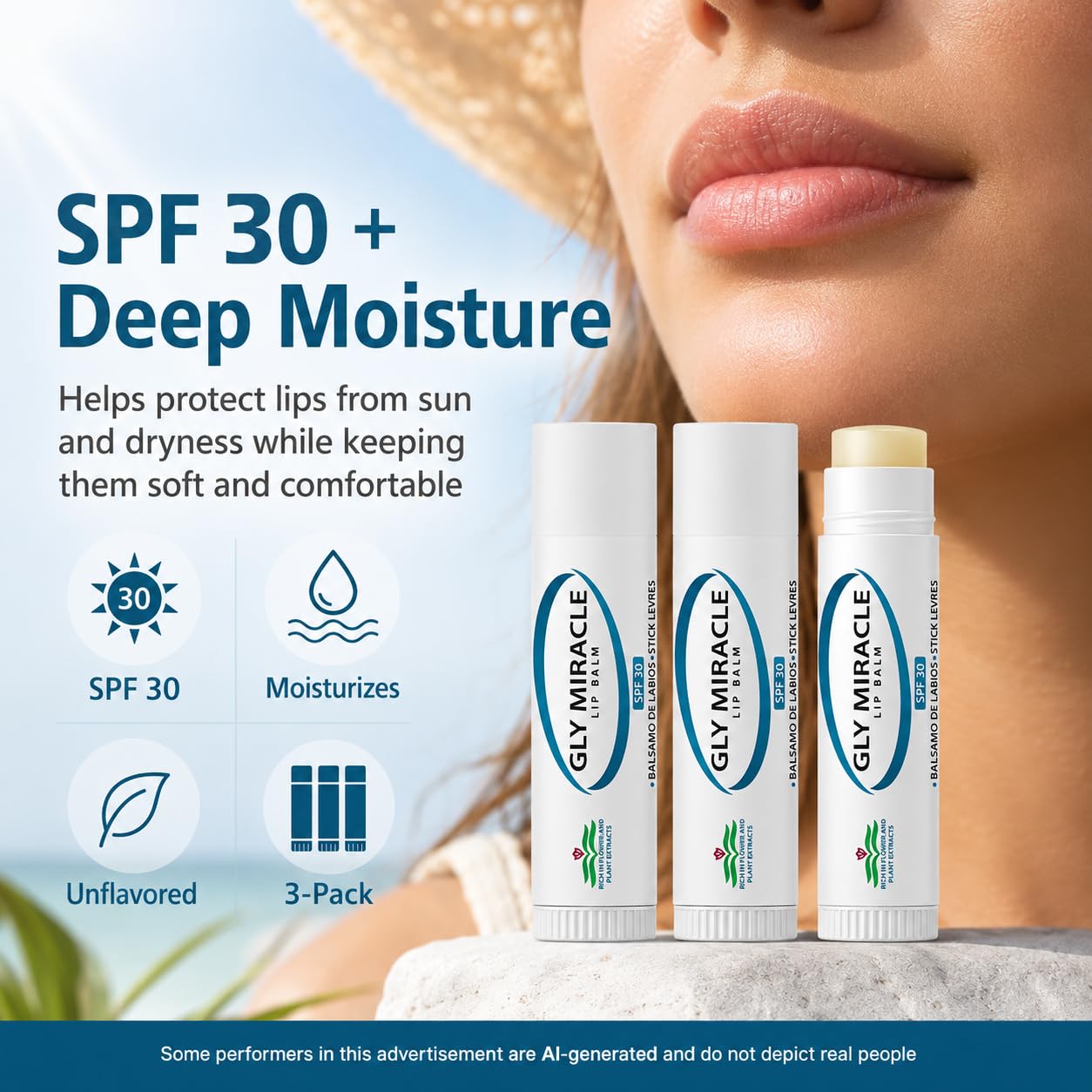 GLY MIRACLE Moisturizing Lip Balm Bundle of Three (3) SPF 30 Natural Elixir of Aloe Vera, Bees Wax, Coconut Oil, Lanolin, Shea Butter to help repair Beauty and Personal Care GLY MIRACLE
