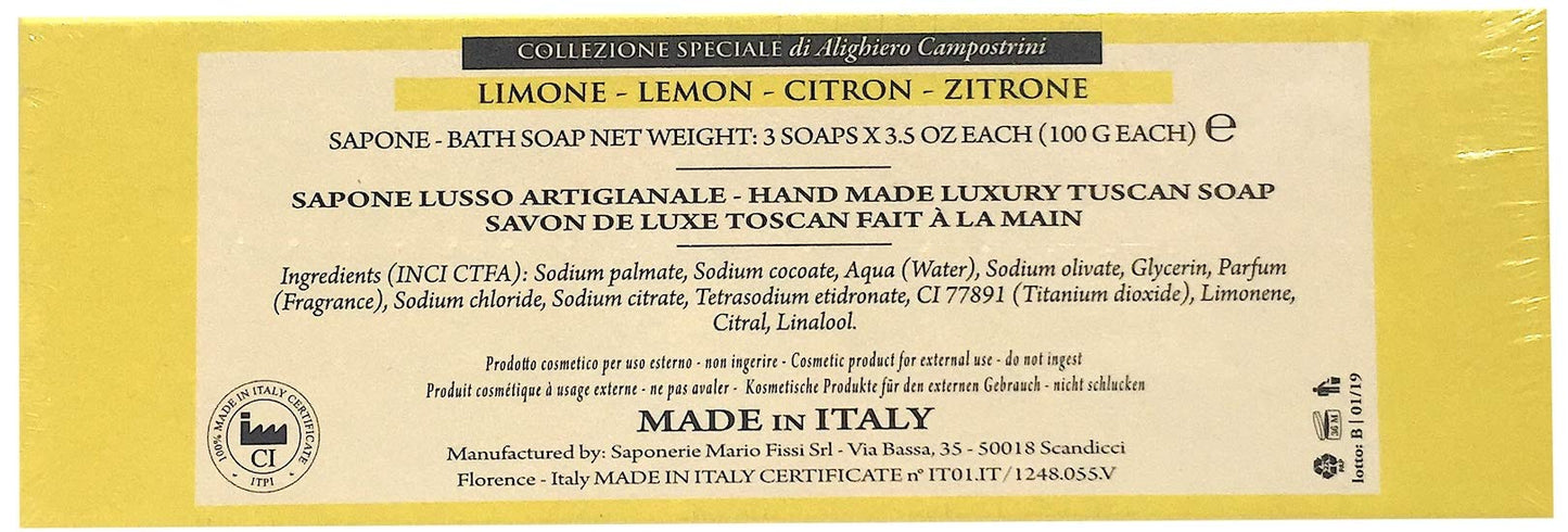 Alighiero Campostrini Sapone Artigianale Luxury Bath Soap Tuscan Scents Italian Made Set of 3 Bars 3.5 Ounces (Lemon) Beauty & Personal Care Alighiero Campostrini