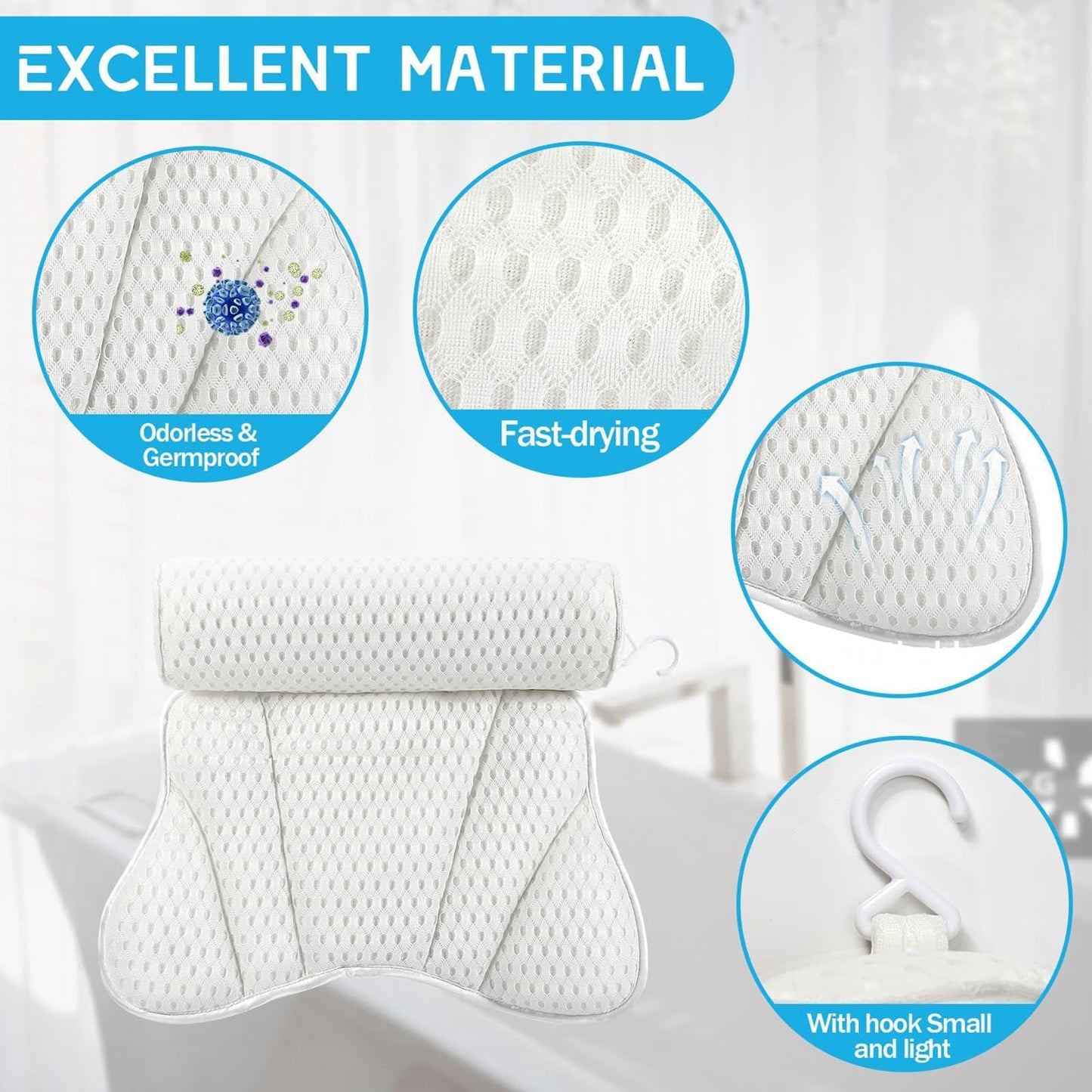 Bathtub Pillow Headrest Spa Bath Cushion Washable Luxury Bathtub Pillow Anti-Slip Soft Large Comfort 3D Mesh Hot Tub Neck and Back Support with 6 Beauty and Personal Care 5JJJLOOOPP