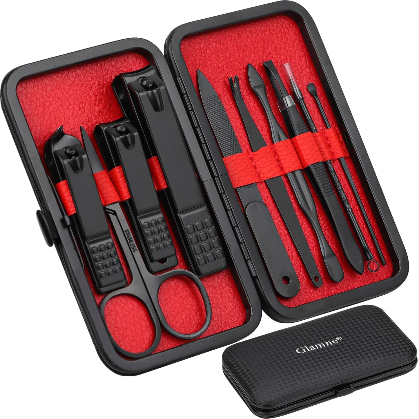 Glamne Manicure Set Nail Clippers Kit Professional Stainless Steel Nail Care Tools with Leather Travel Case 10 in 1 Black Beauty & Personal Care GLAMNE