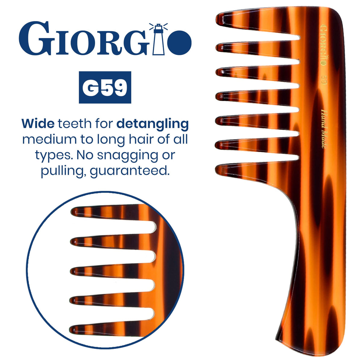 Giorgio G59 Extra Wide Tooth Detangler Comb, Large Tooth Comb with Handle for Thick, Wavy, or Curly Hair. Travel Size for dry or Wet Hair, Handmade,