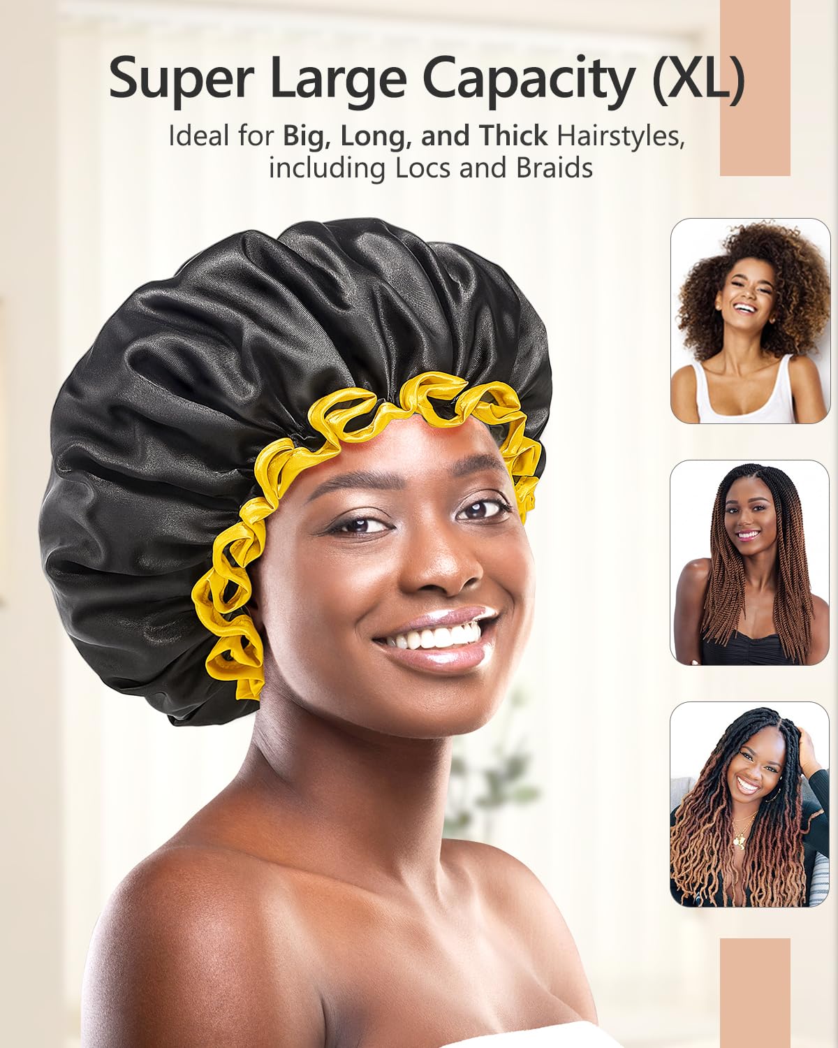 mikimini Extra Large Black Shower Caps Pack of 2 for Women and Men Thick Long Hair Braids, Reusable Waterproof Double Layers XL Bathing Hair Cap Beauty & Personal Care mikimini