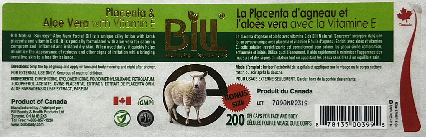 Lamb Placenta & Aloe Vera with Vitamin E Facial Oil, 200 Gelcaps, Bill Natural Sources Beauty & Personal Care Bill Natural Sources