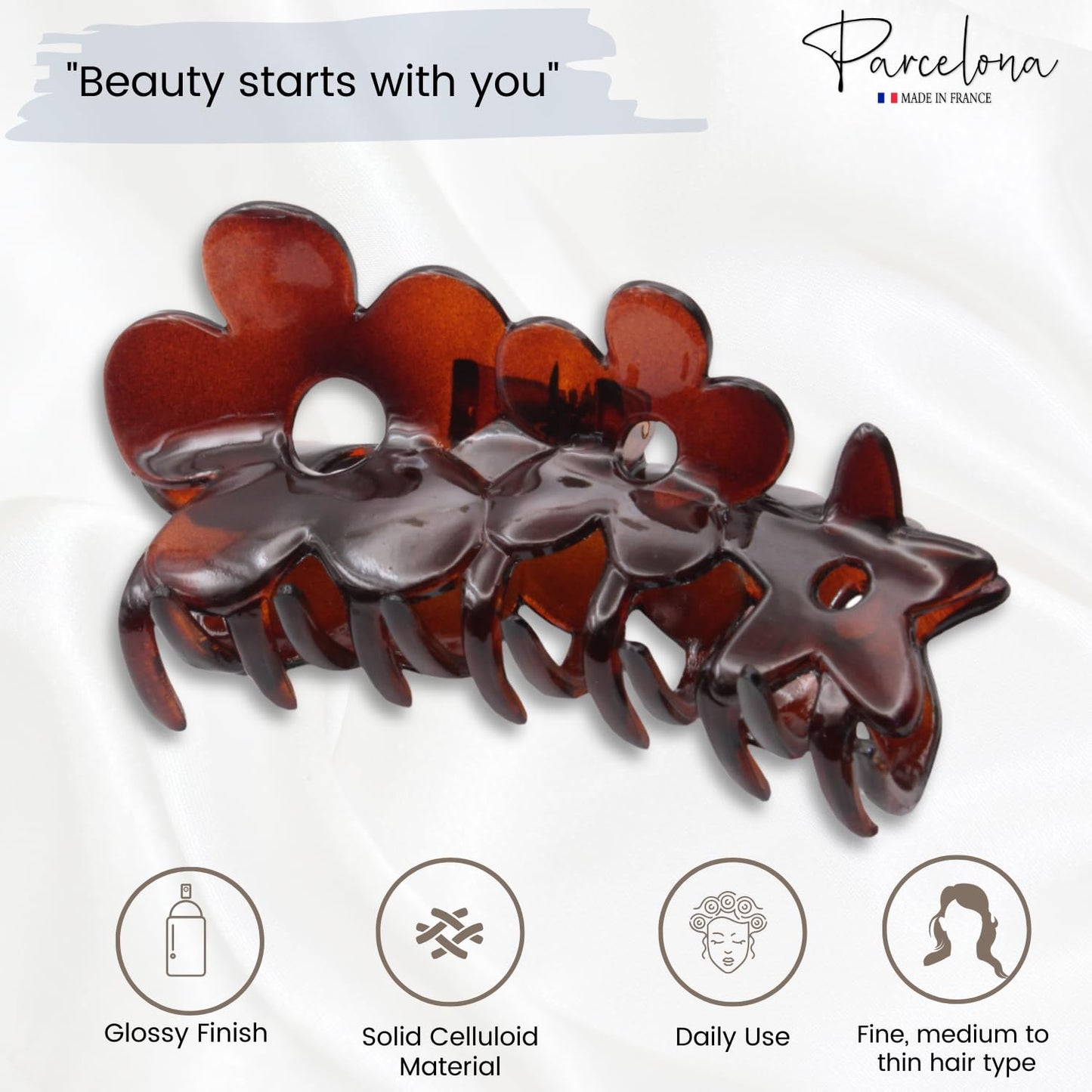 Parcelona French Flowers Medium Covered Spring Brown Tortoise Shell Celluloid Jaw Hair Claw Clips for Women, Made in France Beauty & Personal Care Parcelona