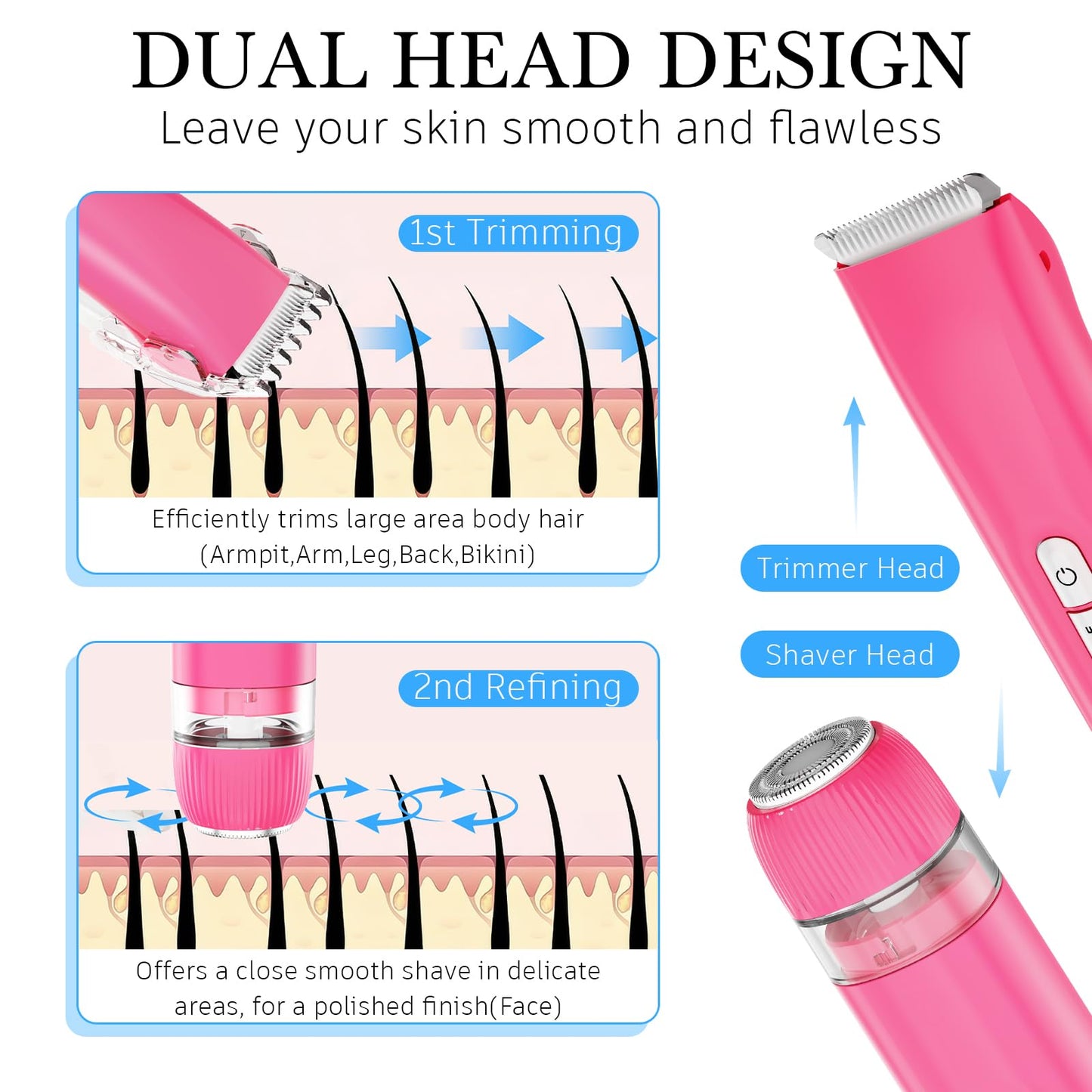 YunLuna Bikini Trimmer for Women, Dual Head Electric Razors, IPX7 Waterproof Electric Shaver for Arm Bikini Underarm Leg Hair Trimmer, Rechargeable Beauty and Personal Care YunLuna