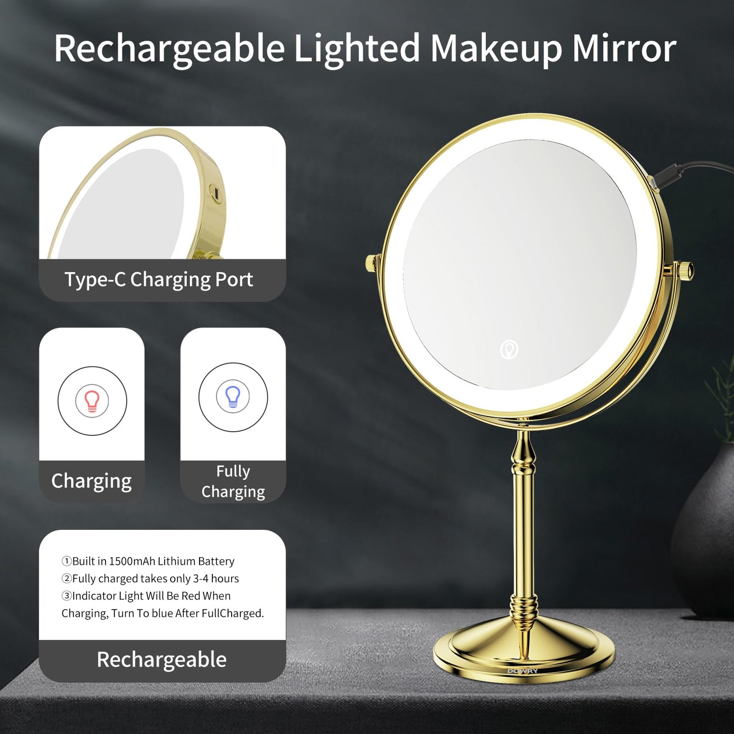 DOWRY 4000 mAh Rechargeable Lighted Makeup Mirror 10x Magnification Vanity Mirror Tabletop Two-Sided Swivel Gifts for Women Wife Mom Teengirls Gold Beauty & Personal Care DOWRY