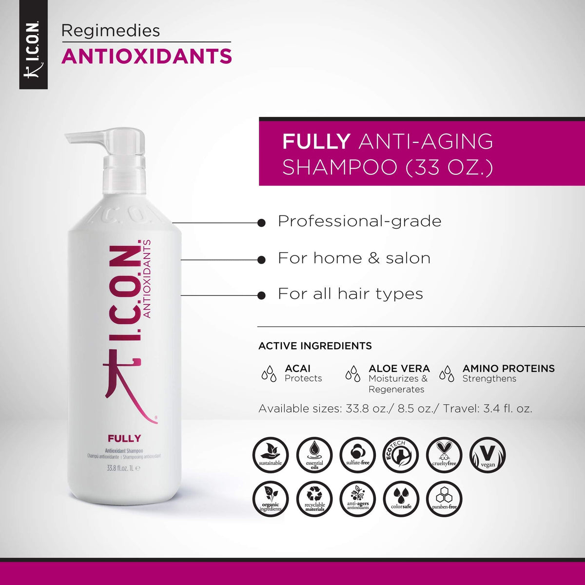 I.C.O.N. Fully Antioxidant Shampoo, Cleanses & Moisturizes, Ideal for Fine Hair, Volumes & Strengthens Strands, 33.8 oz Beauty & Personal Care I.C.O.N.