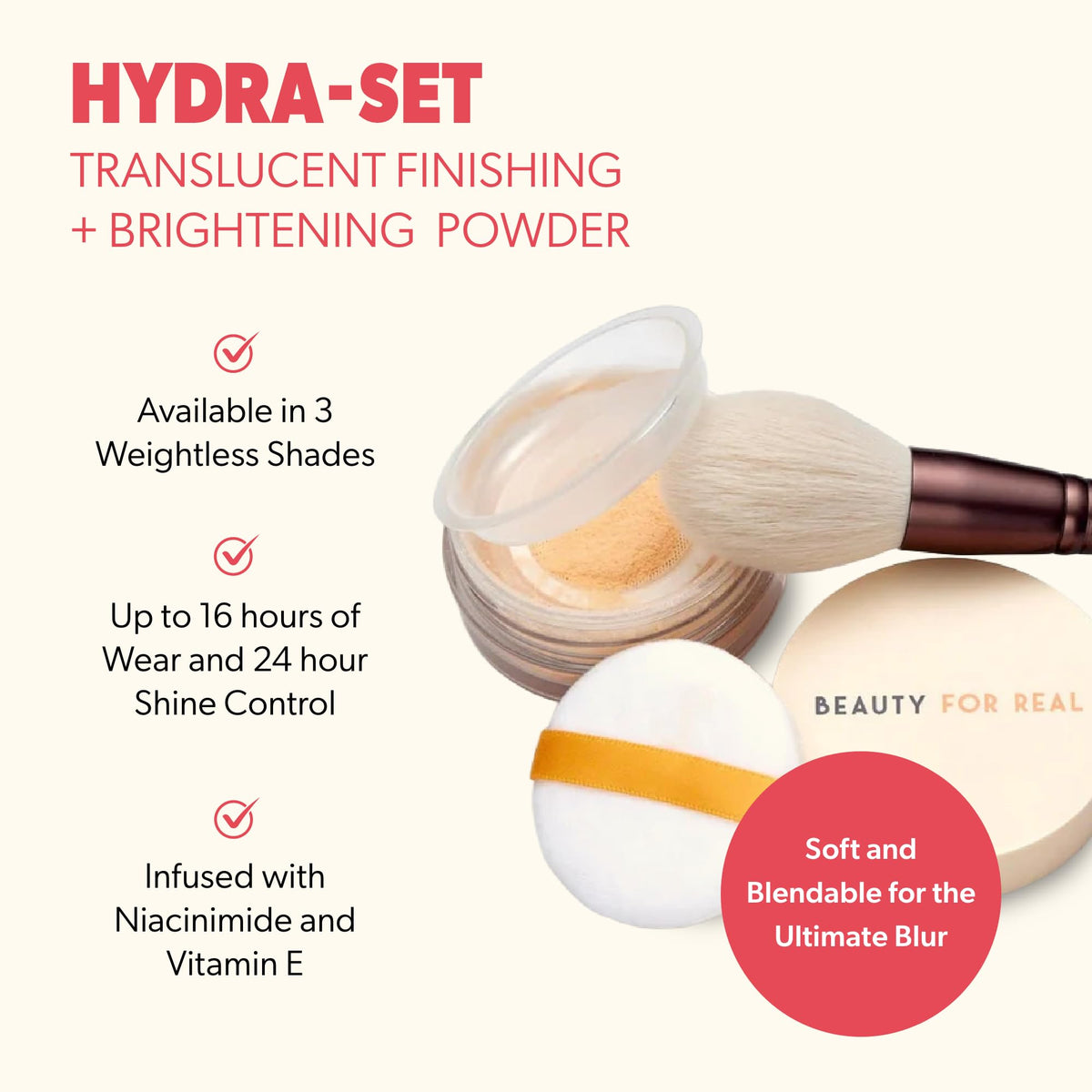Beauty For Real Hydra-Set Translucent Finishing + Brightening Powder, Brighten - Invisible, Weightless Finish - 16-Hour Wear & 24-Hour Shine Control -