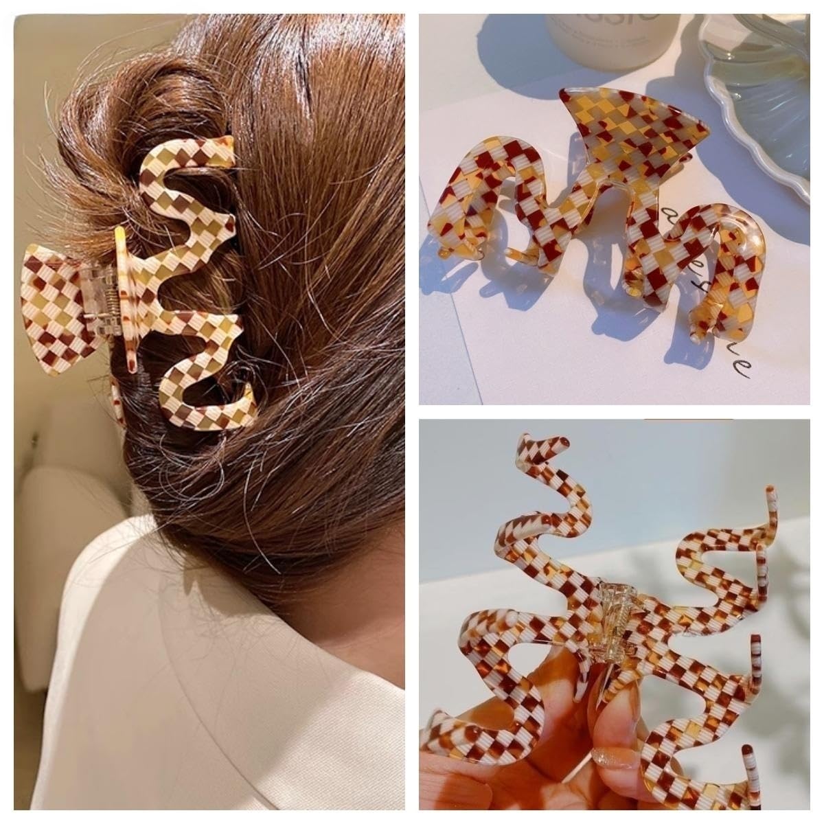 Large Tortoise Shell Claw Clip 3.5 Inch Cellulose Acetate Hair Claw Clips Checkered Hair Claw Clips French Design Hair Jaw Clamp for Women Ladies (2 Beauty & Personal Care Textention