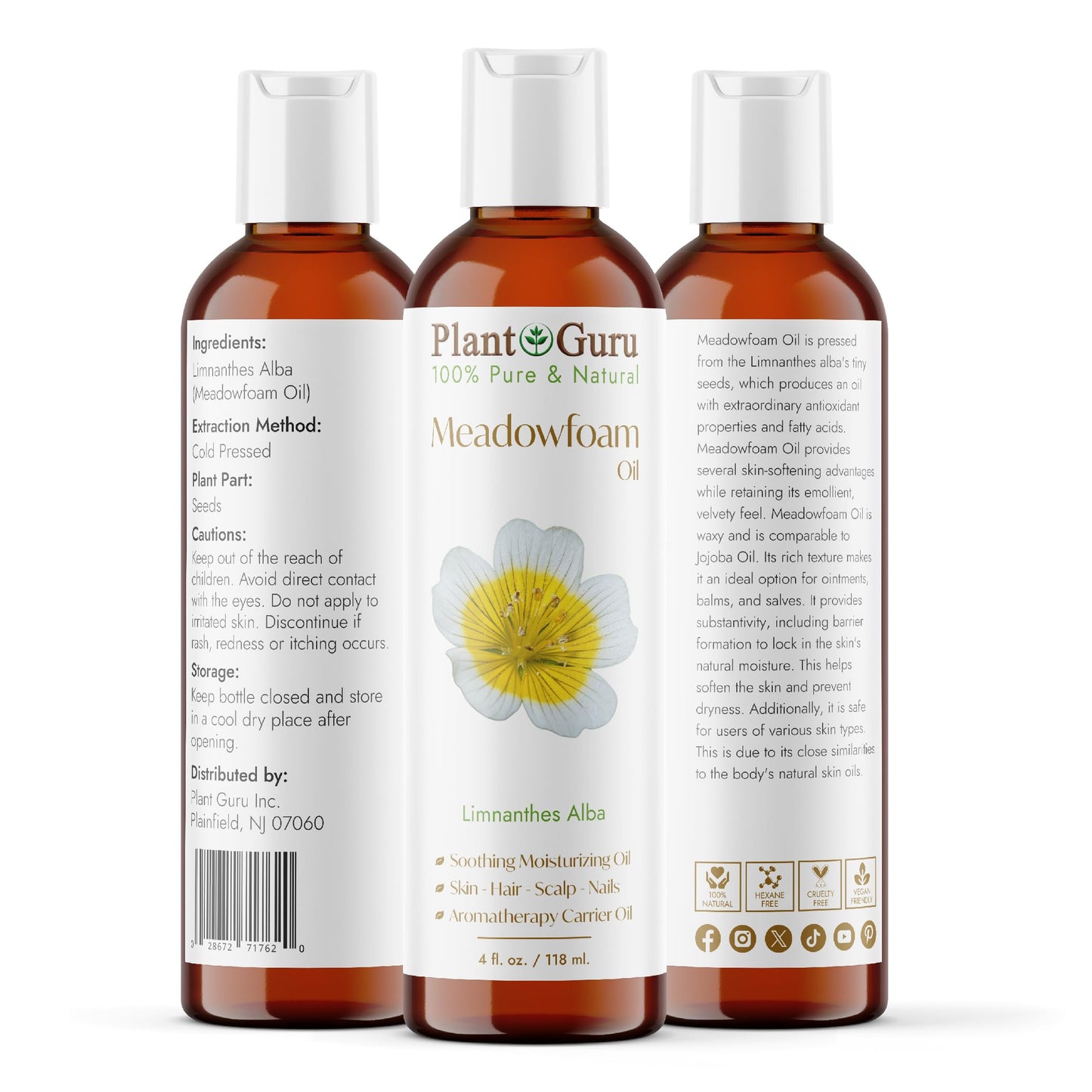Meadowfoam Oil 4 fl. oz. Cold Pressed 100% Pure Natural Carrier - Skin, Face, Body, and Hair Moisturizer. Ideal for DIY Creams, Lotions, and Lip Balms Beauty & Personal Care Plant Guru