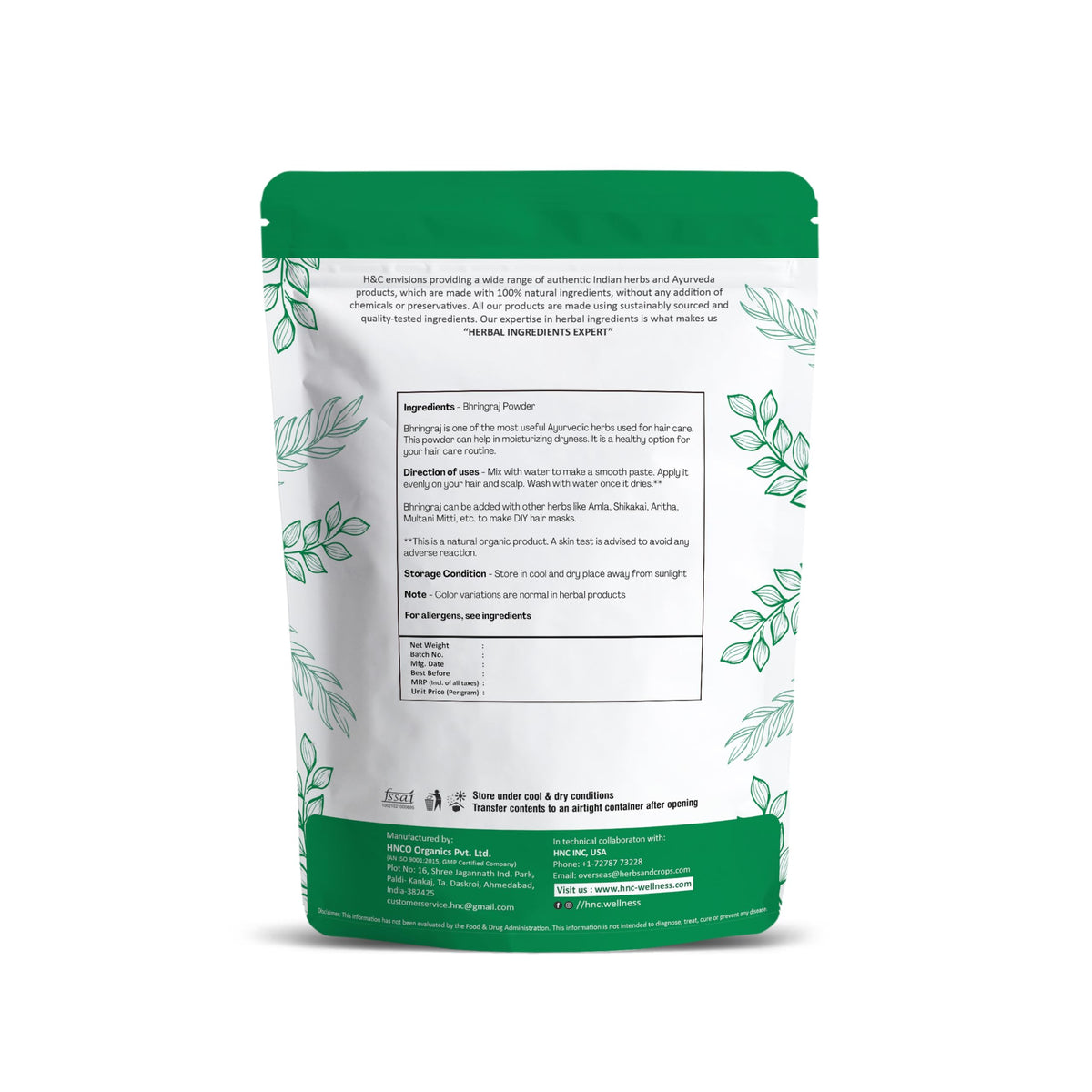 H&C Natural Bhringraj Powder for Hair (227g / 0.5 LB/ 08 oz) - Hair Growth Rejuvenator from Indian Ayurveda