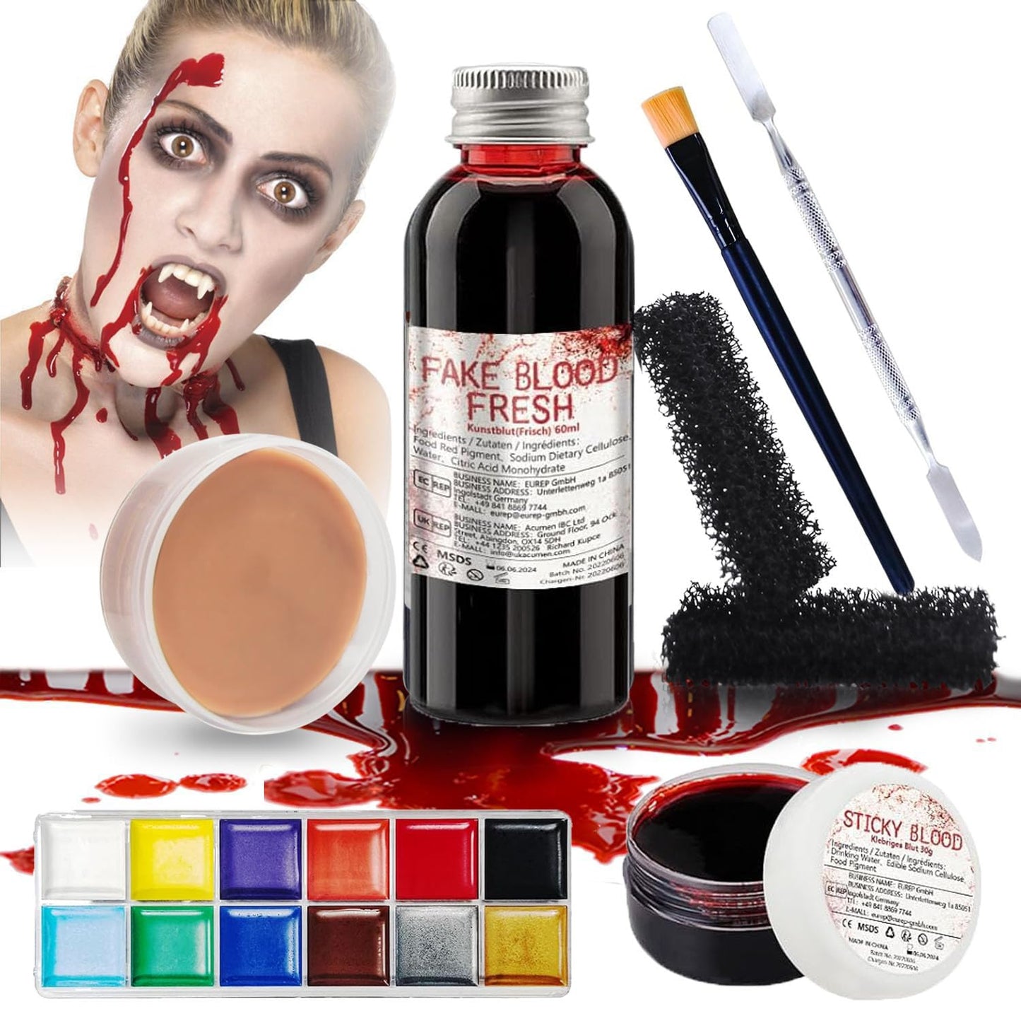 Professional Halloween SFX Special Effects Makeup Kits, Fake Blood, Scab Coagulated Blood Gel, 12 Colors Face Body Paint, Wound Modeling Scar Wax Beauty & Personal Care PillyBalla