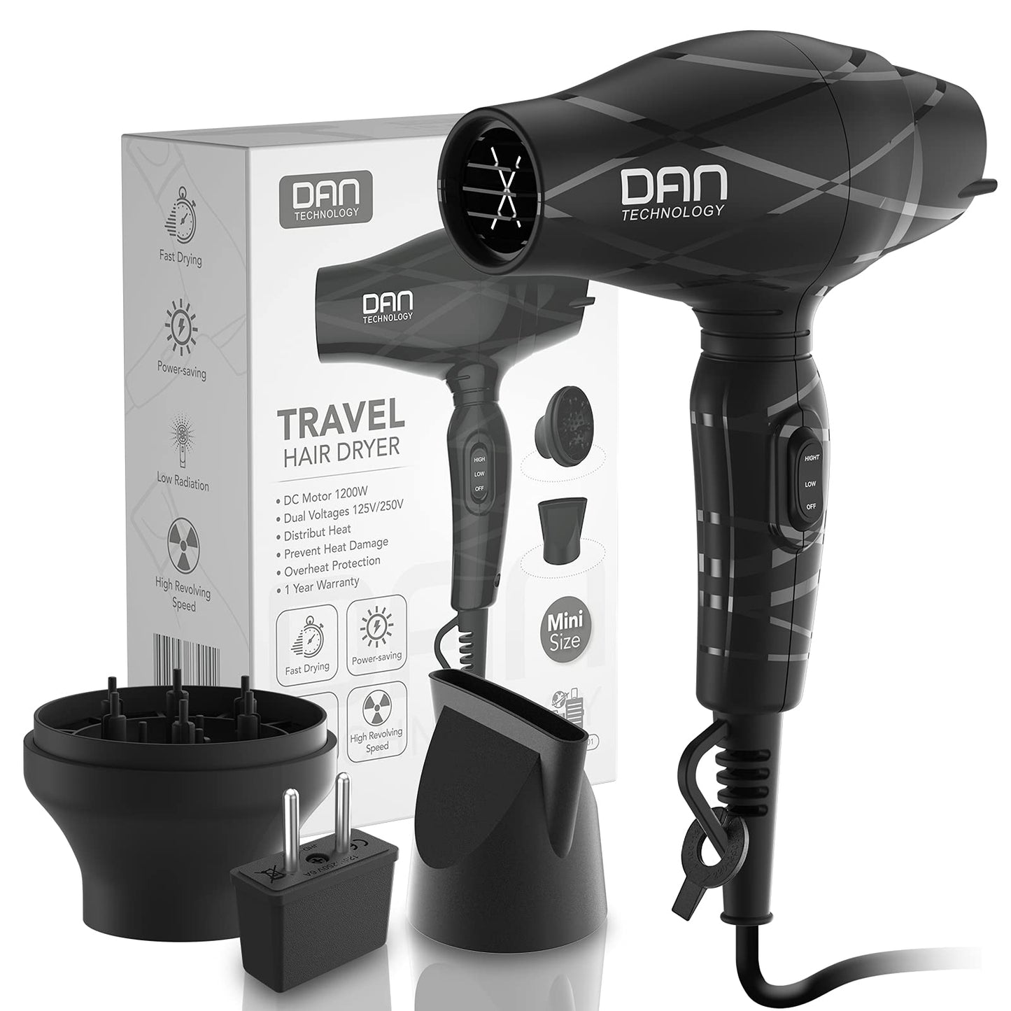 Portable Mini Blow Dryer with Concentrator&Diffuser, with Nozzle Attachment Ceramic,Lightweight Travel Hair Dryer, 2 Heat Settings Beauty & Personal Care DAN Technology