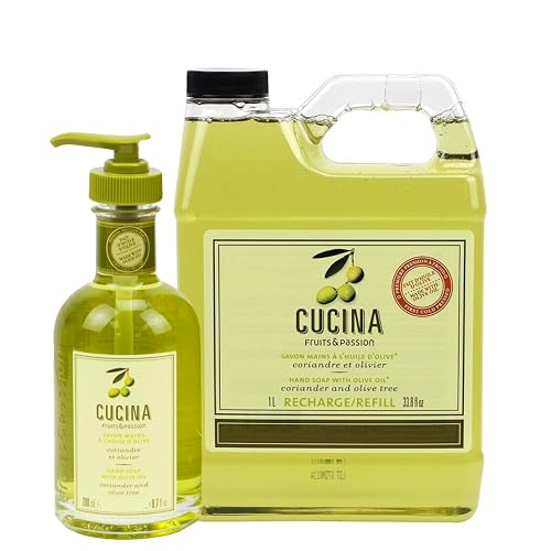 Cucina Fruits & Passion Coriander and Olive Tree Hand Soap Set, 6.7 fl oz Glass Bottle and 33.8 fl oz Refill, Made in Canada Beauty & Personal Care Cucina