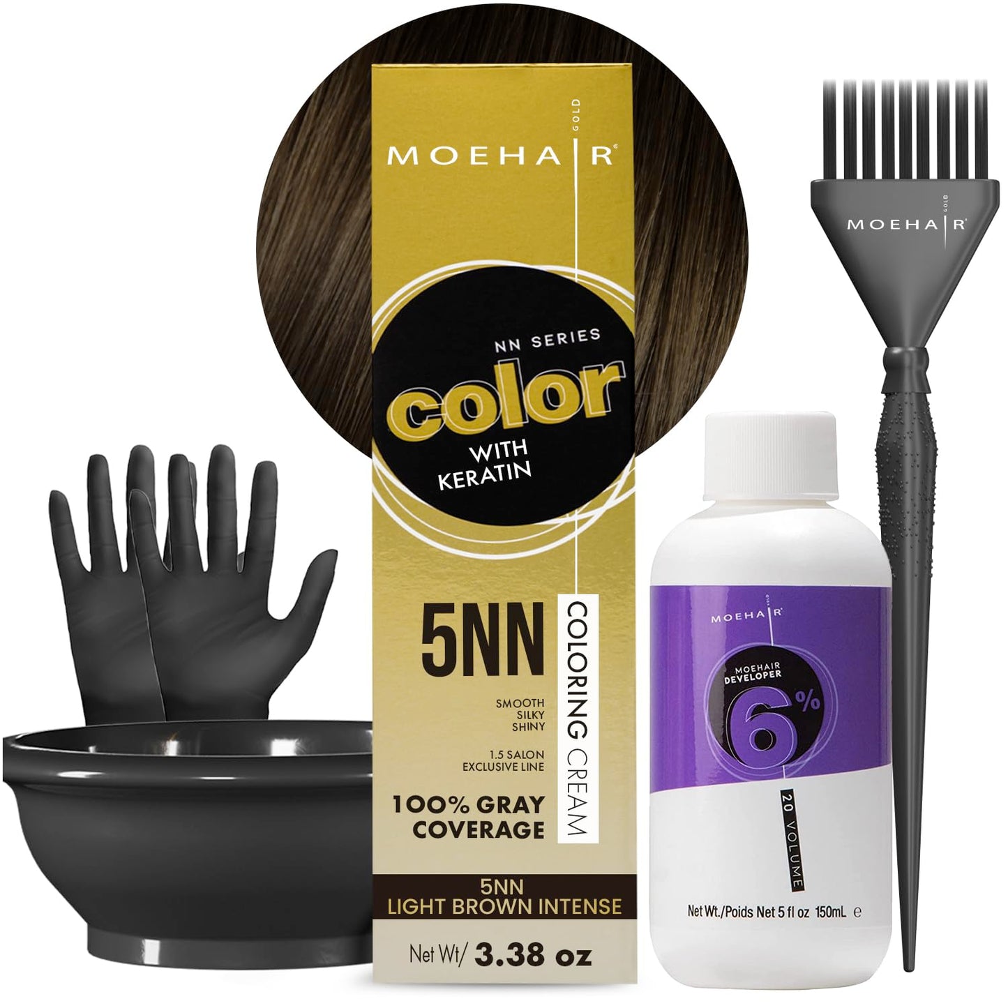 MOEHAIR Hair Coloring Kit | 5NN Permanent Hair Color (Light Brown Intense), 20 Volume Developer 6%, Coloring Brush, Gloves & Mixing Bowl | Keratin Beauty & Personal Care MOEHAIR