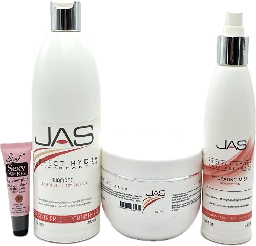 JAS Perfect Hydra Anti-breakage Shampoo & Conditioner 16 oz, Hydrating Mist 8 oz with Linseed Oil + Soy Protein "Free Starry Sexy Kiss Lip Plumping 10 Beauty & Personal Care JAS Systems