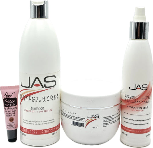 JAS Perfect Hydra Anti-breakage Shampoo & Conditioner 16 oz, Hydrating Mist 8 oz with Linseed Oil + Soy Protein "Free Starry Sexy Kiss Lip Plumping 10 Beauty & Personal Care JAS Systems