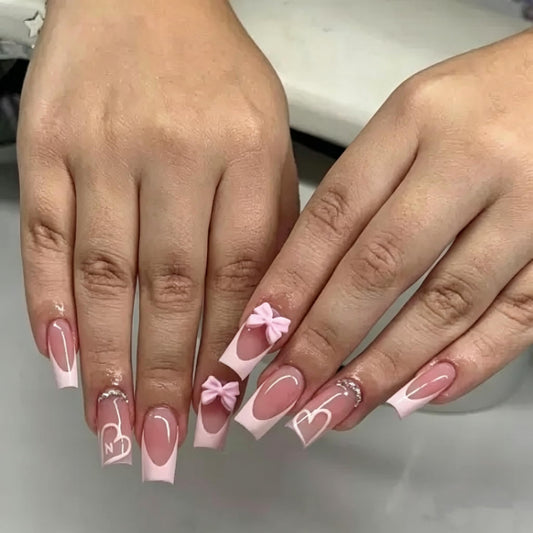 CTTHNBD Medium Press on Nails Coffin - Pink French Tip Fake Nails, Heart, Rhinestone Beauty and Personal Care CTTHNBD Default Title