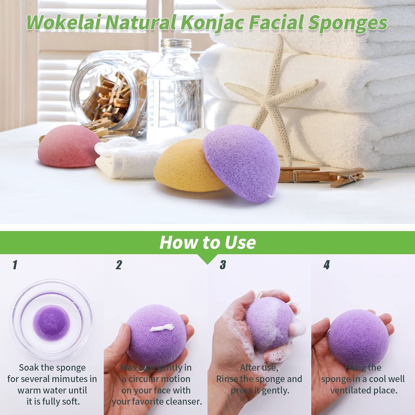 Konjac Facial Sponges for Cleansing Exfoliating - Konjac Face Sponge for Washing Face Body, Natural Cleaning Puff Buff Scrubber for Shower Bath SPA Beauty & Personal Care wokelai