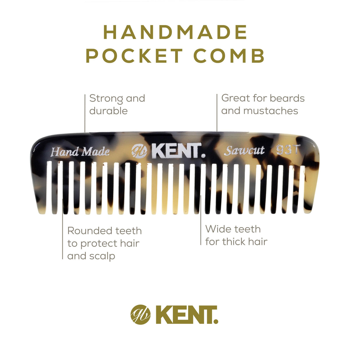 Kent 93T White Tokyo Wide Tooth Small Comb for Men's Mustache and Beard Grooming, Pocket Sized Detangler Travel Comb, Saw-Cut and Polished, Handmade