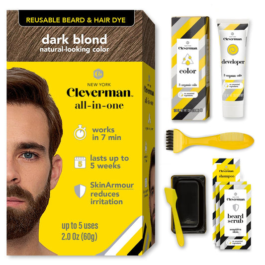 Reusable Hair & Beard Dye for Men - Dark Blond 7.01 | Up to 5 Uses, 7 Minutes | Natural Gray Coverage, No-Drip Cream with SkinArmour® - Cleverman Beauty & Personal Care CLEVERMAN