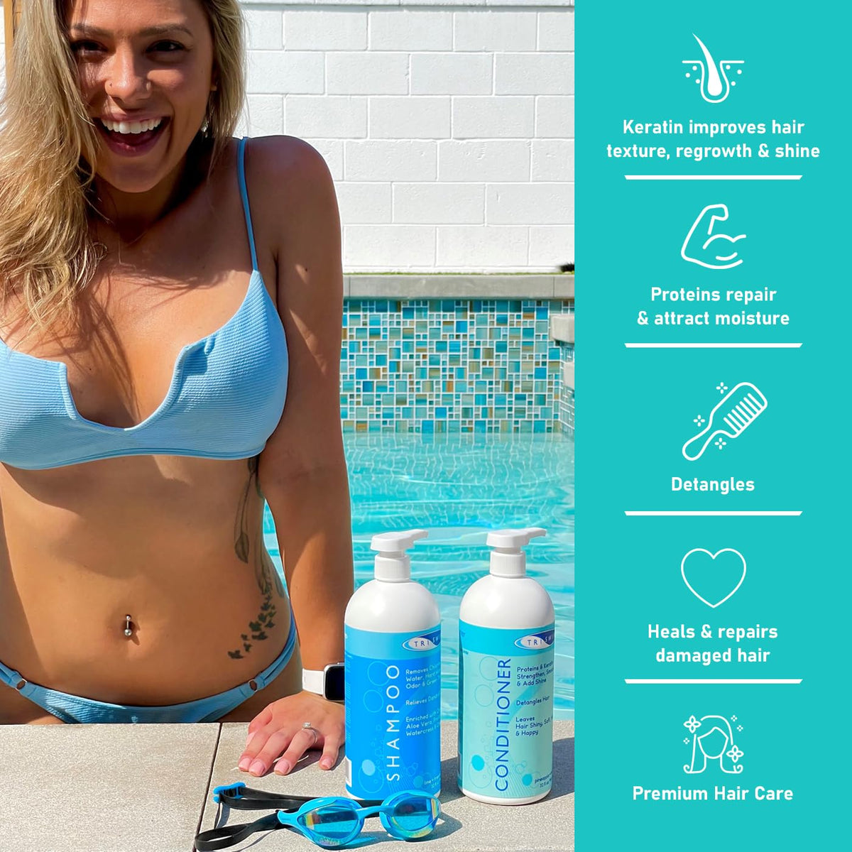 TRISWIM Swim Conditioner 32oz with Pump | After Swim Hair Care for Swimmers | Value Size for Frequent Swimmers | Repairs Damage from Chlorine, Bromine