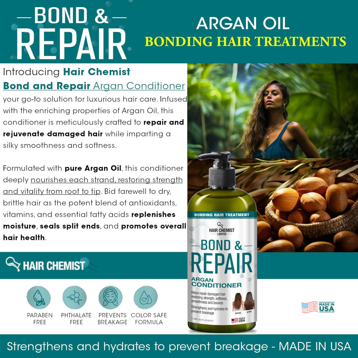 Hair Chemist Bond & Repair Bonding Hair Treatment Argan Conditioner for Damaged Hair 33.8 oz. | Bonding Conditioner for Damaged Hair | Repairing Hair