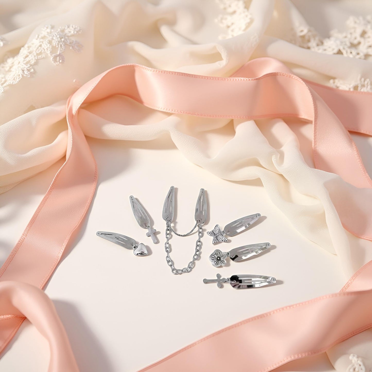 2pcs/Set Metal Snap Hair Clips Chain Silver Color Cross Heart Hair Barrettes Clips with Pendant Girls Hair Accessories Beauty & Personal Care JJLFresheners