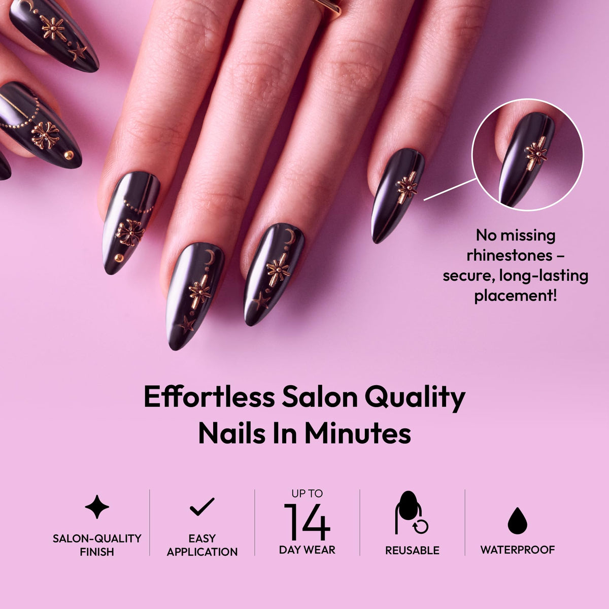 Glitzy 3D Handmade Press On Nail Kit, Rhinestone Gem Black Chrome Long Almond False Nail, Reusable & Lasts Up To 2 Weeks, Seamless Snug Fit