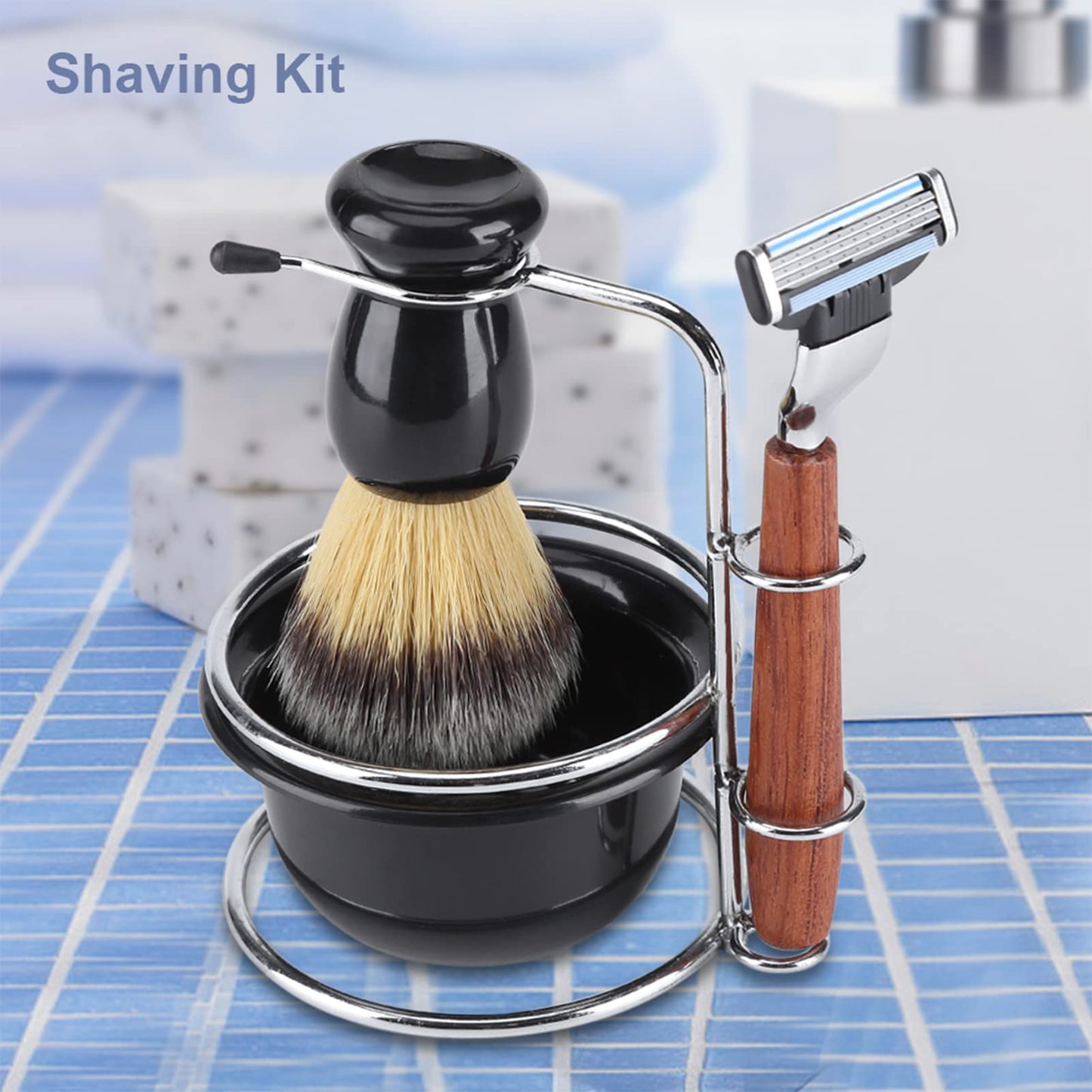 RIZGHWOY 4 in 1 Shaving Set for Men with Wooden Handle Hair Brush Stainless Steel Stand Bowl Husband Father Dad Beauty and Personal Care RIZGHWOY