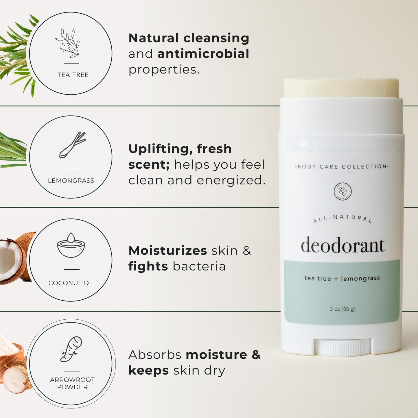 Rowe Casa Organics Tea Tree + Lemongrass Natural Aluminum Free Deodorant for Men and Women, Fresh and Energizing Paraben-Free Deodorant Stick Beauty and Personal Care Rowe Casa Organics