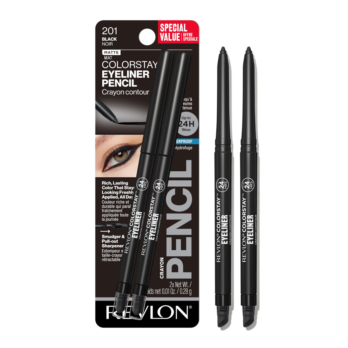 Revlon ColorStay Pencil Waterproof Eyeliner, Smudge-Proof, Eye Makeup with Built-In Sharpener, 201 Black, 2 pack Beauty & Personal Care REVLON