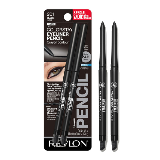 Revlon ColorStay Pencil Waterproof Eyeliner, Smudge-Proof, Eye Makeup with Built-In Sharpener, 201 Black, 2 pack Beauty & Personal Care REVLON