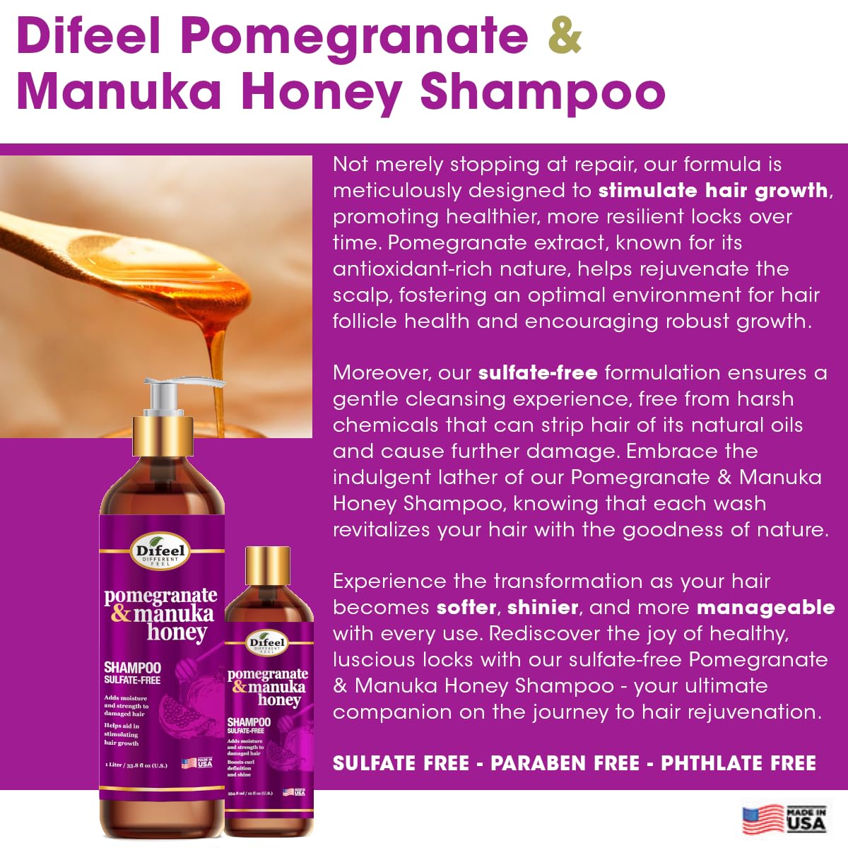 Difeel Pomegranate & Manuka Honey Sulfate-Free Shampoo 12 oz. - Strengthens & Moisturizes Damaged Hair