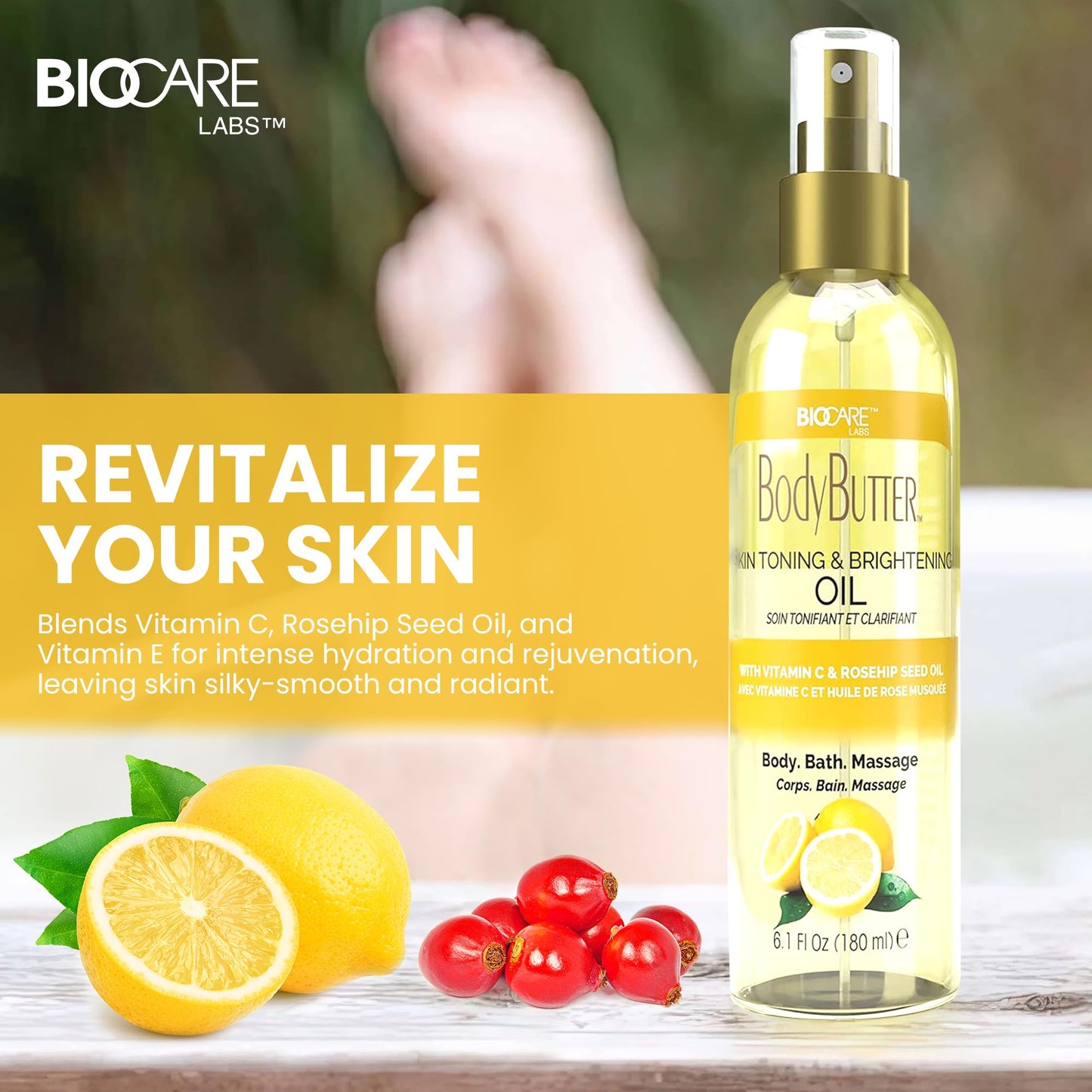 Biocare Skin Toning & Brightening Oil - Infused with Vitamin C, Rosehip Seed Oil, Vitamin E - Nourishing and Non-Greasy Body Oil for Hydrated Beauty & Personal Care Biocare