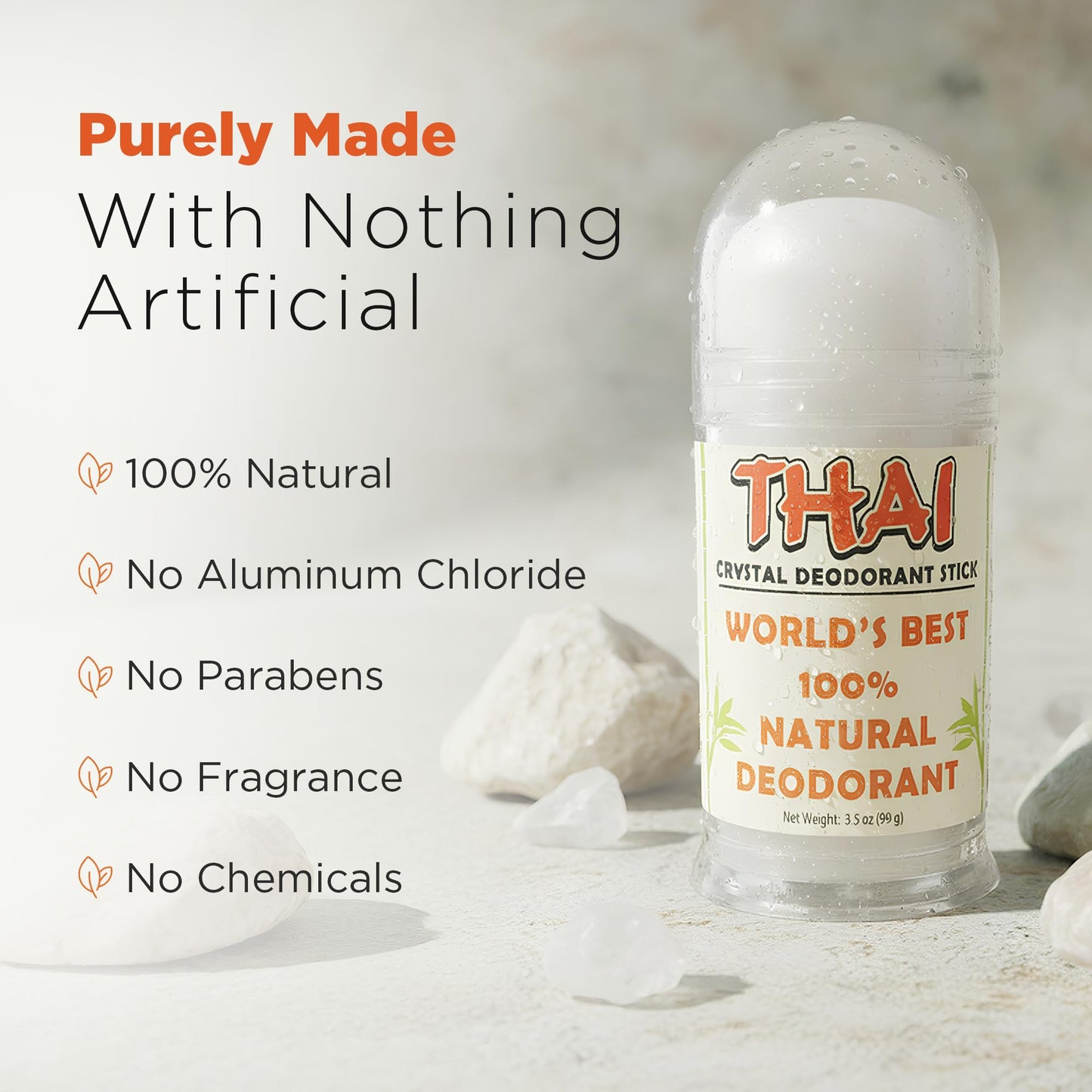 Thai Crystal Deodorant Stick - Natural Mineral Salt Potassium Alum Stone - Unscented, Aluminum Free, Hypoallergenic Deodorant for Women & Men - Thai Beauty and Personal Care Thai Deodorant Stone
