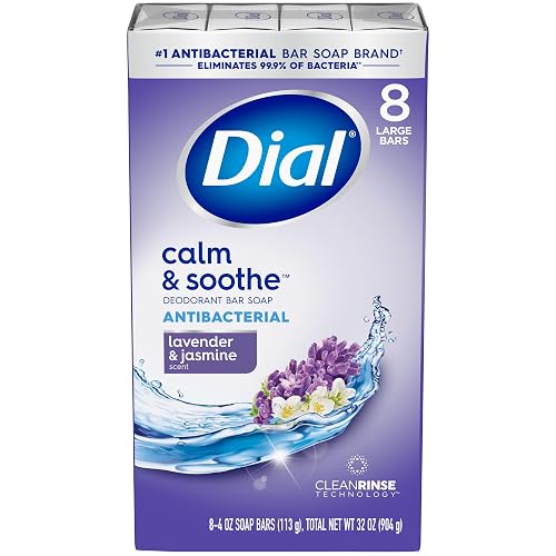 Dial Antibacterial Deodorant Bar Soap, Calm & Soothe Lavender & Twilight Jasmine Scent, 4 Oz, 32 Bars, Dermatologist Tested, With Clean Rinse Beauty & Personal Care Dial