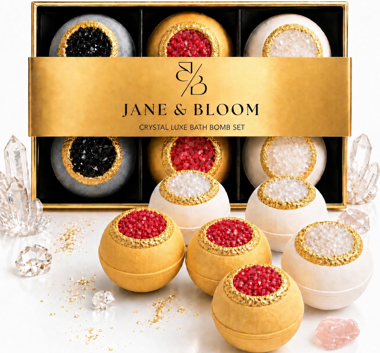 Crystal Luxe Bath Bomb Gift Set for Women, 6 Large Moisturizing Bath Bombs with Natural Oils, Luxury Home Spa Fizzies for Relaxation, Self Care Beauty and Personal Care Jane & Bloom