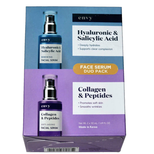 Envy Face Serum Duo Pack Hyaluronic & Salicylic Acid 1.69 fl oz and Collagen & Peptides 1.69 fl oz Beauty & Personal Care KLAR & CO