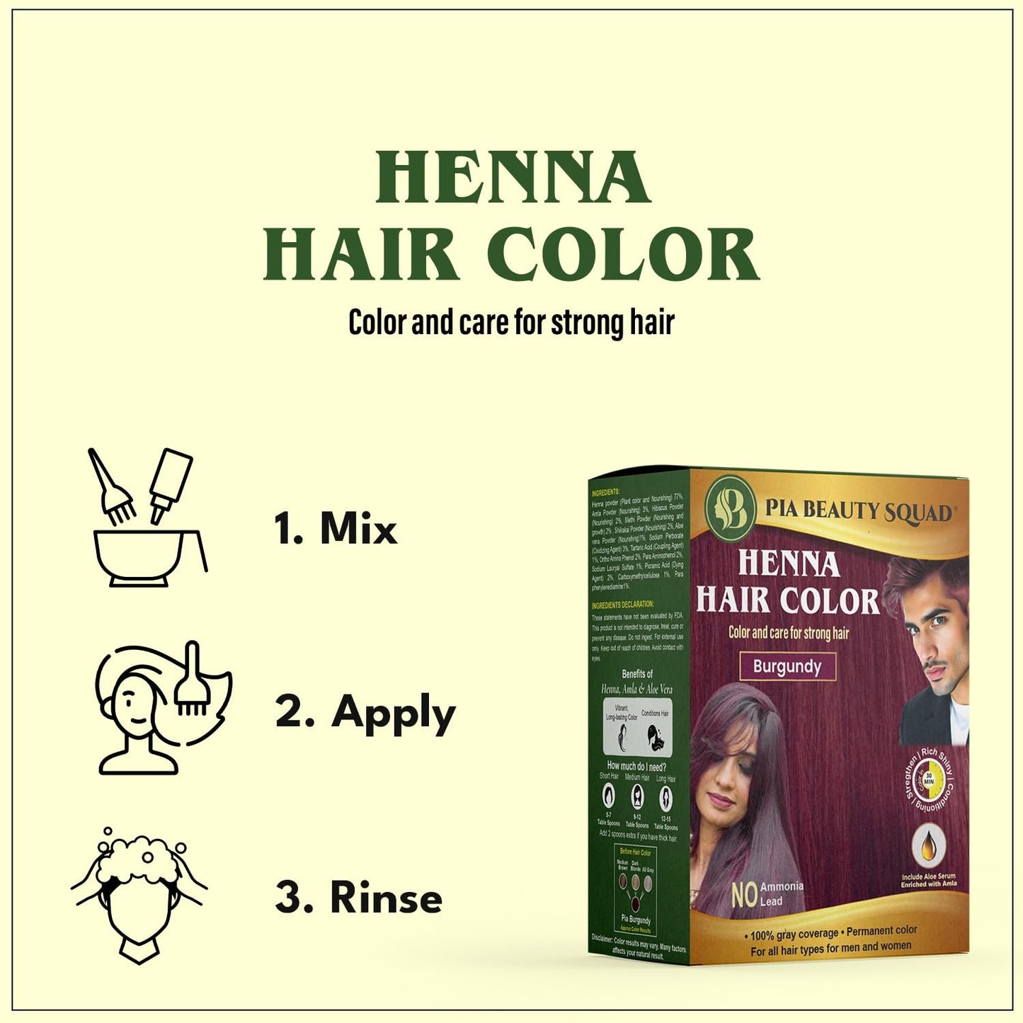 PIA Beauty Henna Hair Color Kit - Black - 30 Minute Ayurvedic Hair Dye with Serum - 100% Grey Coverage |Color mix+ Shine Serum | For Men & Women Beauty & Personal Care Pia beauty squad