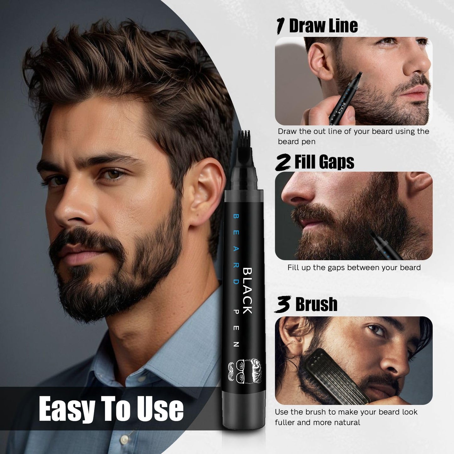 Beard Pencil Filler for Men Black - Beard Pen with Brush, Barber Pencil Smudge-proof & Water-proof Mens Grooming Kits Creating Natural Beard Color Beauty and Personal Care Ihrlpxkc